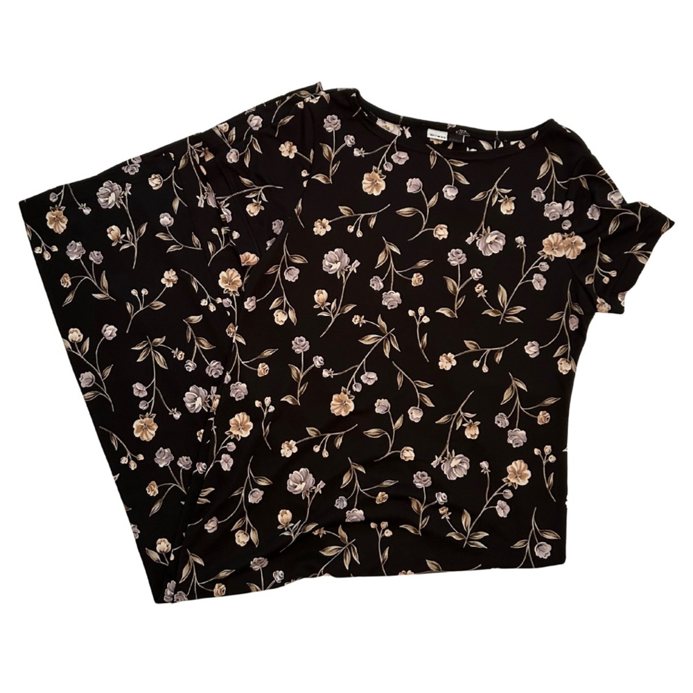 Vintage black floral print maxi dress with back slit- Size XL